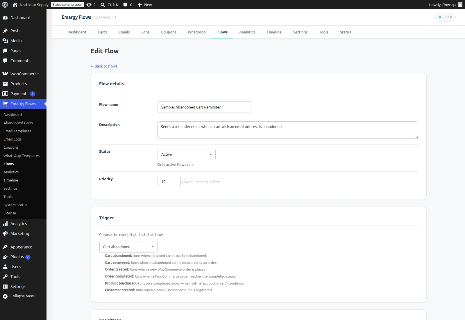 Emargy Flows automation editor with trigger, conditions, actions, and priority controls